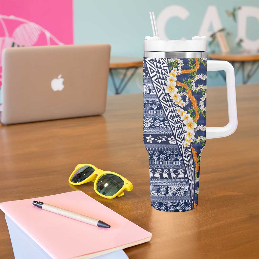 Hawaiian Plumeria Lei Tumbler With Handle Kakau Motifs and Palaka Half Style Blue Color LT03 - Polynesian Pride