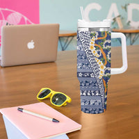 Hawaiian Plumeria Lei Tumbler With Handle Kakau Motifs and Palaka Half Style Blue Color LT03 - Polynesian Pride