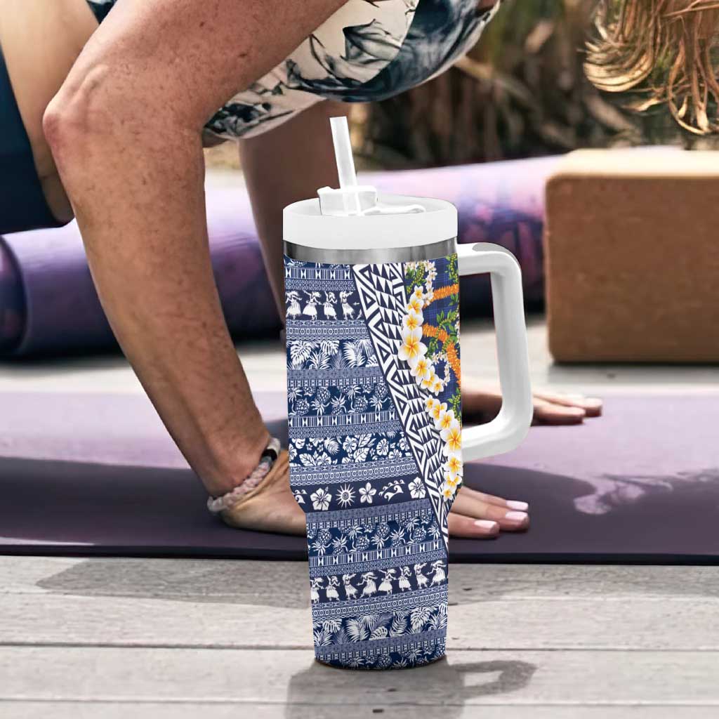 Hawaiian Plumeria Lei Tumbler With Handle Kakau Motifs and Palaka Half Style Blue Color LT03 - Polynesian Pride