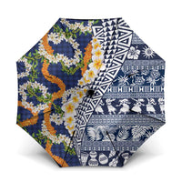 Hawaiian Plumeria Lei Umbrella Kakau Motifs and Palaka Half Style Blue Color - Polynesian Pride