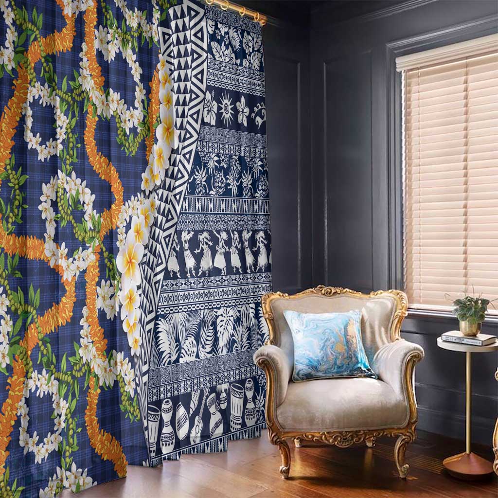 Hawaiian Plumeria Lei Window Curtain Kakau Motifs and Palaka Half Style Blue Color LT03 - Polynesian Pride