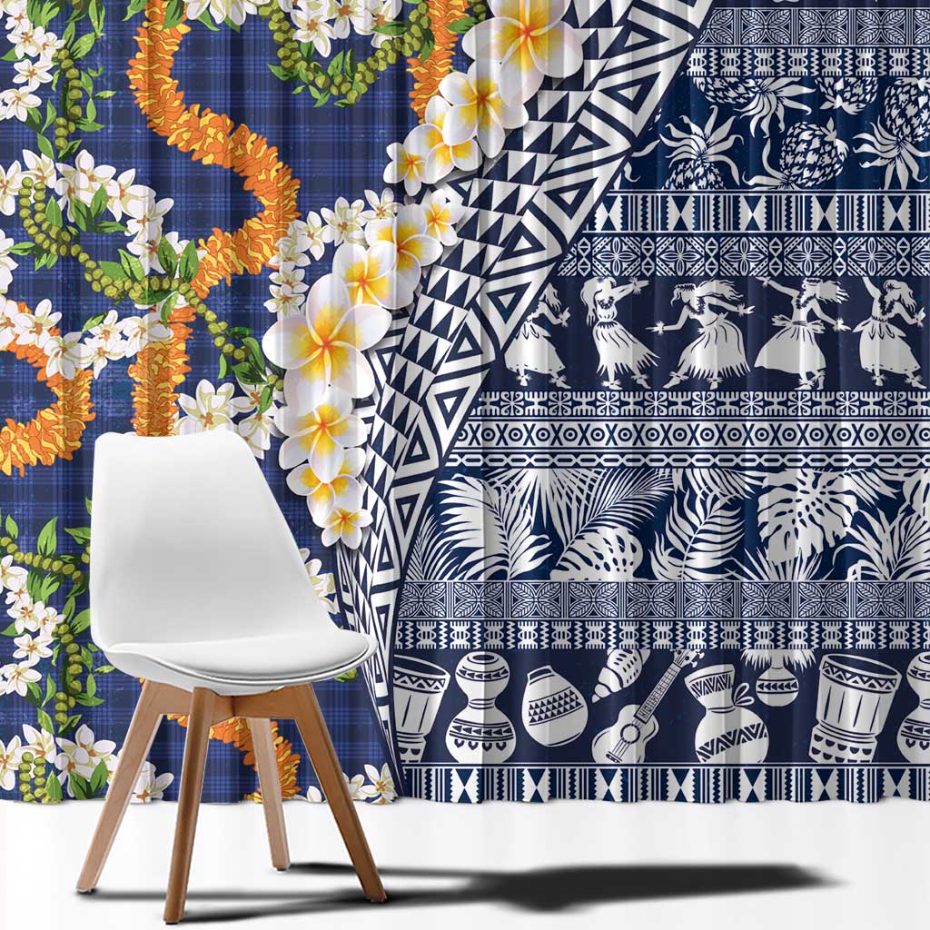 Hawaiian Plumeria Lei Window Curtain Kakau Motifs and Palaka Half Style Blue Color LT03 - Polynesian Pride