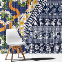 Hawaiian Plumeria Lei Window Curtain Kakau Motifs and Palaka Half Style Blue Color LT03 - Polynesian Pride