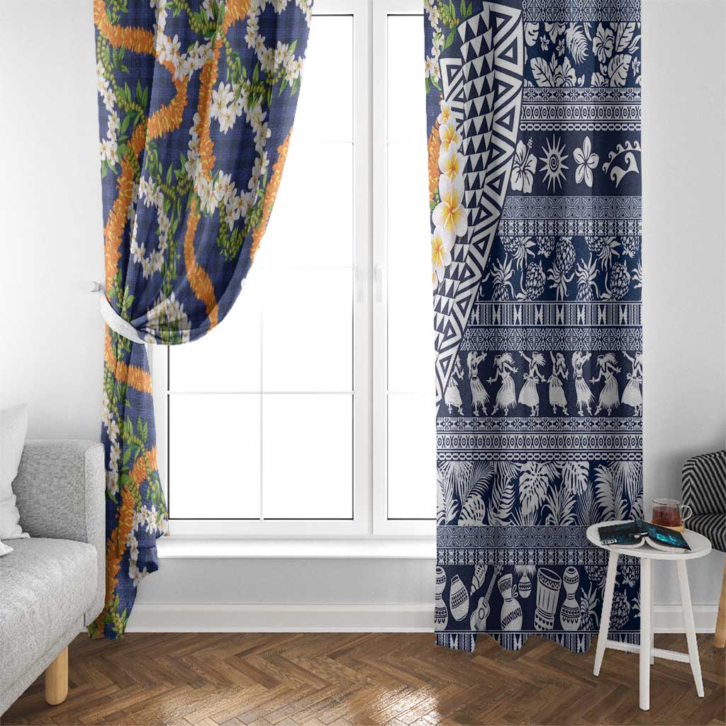 Hawaiian Plumeria Lei Window Curtain Kakau Motifs and Palaka Half Style Blue Color LT03 - Polynesian Pride