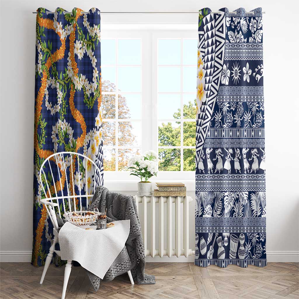 Hawaiian Plumeria Lei Window Curtain Kakau Motifs and Palaka Half Style Blue Color LT03 - Polynesian Pride