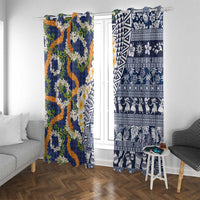 Hawaiian Plumeria Lei Window Curtain Kakau Motifs and Palaka Half Style Blue Color LT03 With Grommets Blue - Polynesian Pride