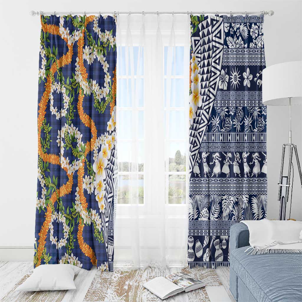 Hawaiian Plumeria Lei Window Curtain Kakau Motifs and Palaka Half Style Blue Color LT03 - Polynesian Pride