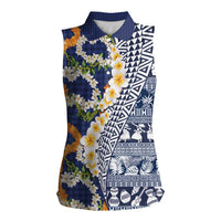 Hawaiian Plumeria Lei Women Sleeveless Polo Shirt Kakau Motifs and Palaka Half Style Blue Color LT03 Female Blue - Polynesian Pride