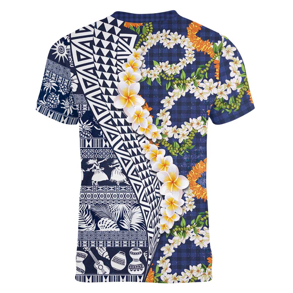 Hawaiian Plumeria Lei Women V-Neck T-Shirt Kakau Motifs and Palaka Half Style Blue Color LT03 - Polynesian Pride