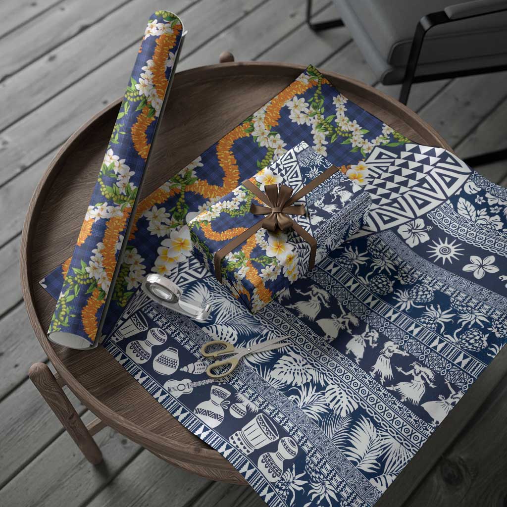 Hawaiian Plumeria Lei Wrapping Paper Kakau Motifs and Palaka Half Style Blue Color LT03 - Polynesian Pride