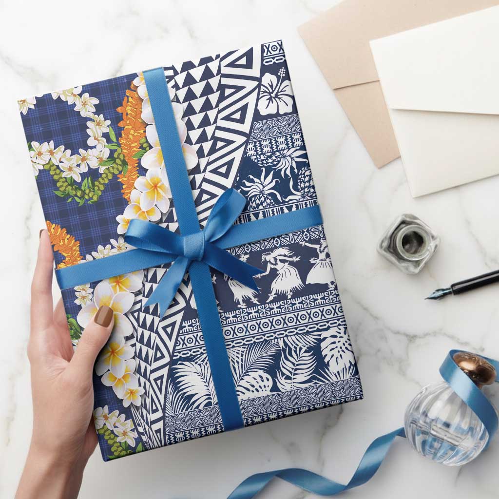 Hawaiian Plumeria Lei Wrapping Paper Kakau Motifs and Palaka Half Style Blue Color LT03 - Polynesian Pride