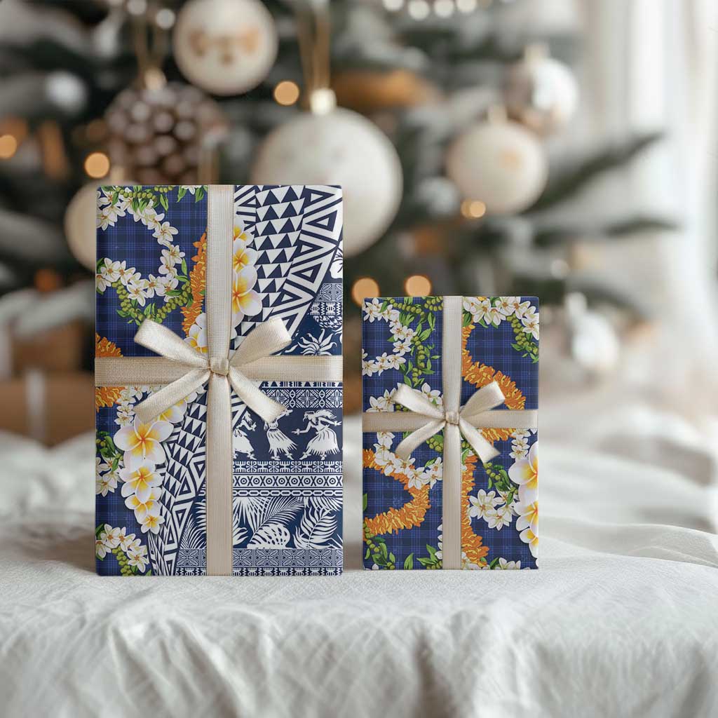 Hawaiian Plumeria Lei Wrapping Paper Kakau Motifs and Palaka Half Style Blue Color LT03 - Polynesian Pride