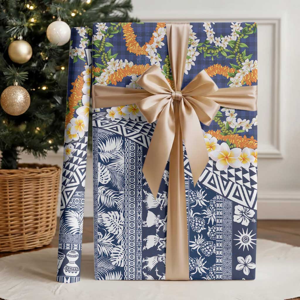 Hawaiian Plumeria Lei Wrapping Paper Kakau Motifs and Palaka Half Style Blue Color LT03 - Polynesian Pride