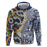 Hawaiian Plumeria Lei Zip Hoodie Kakau Motifs and Palaka Half Style Blue Color LT03 Pullover Hoodie Blue - Polynesian Pride