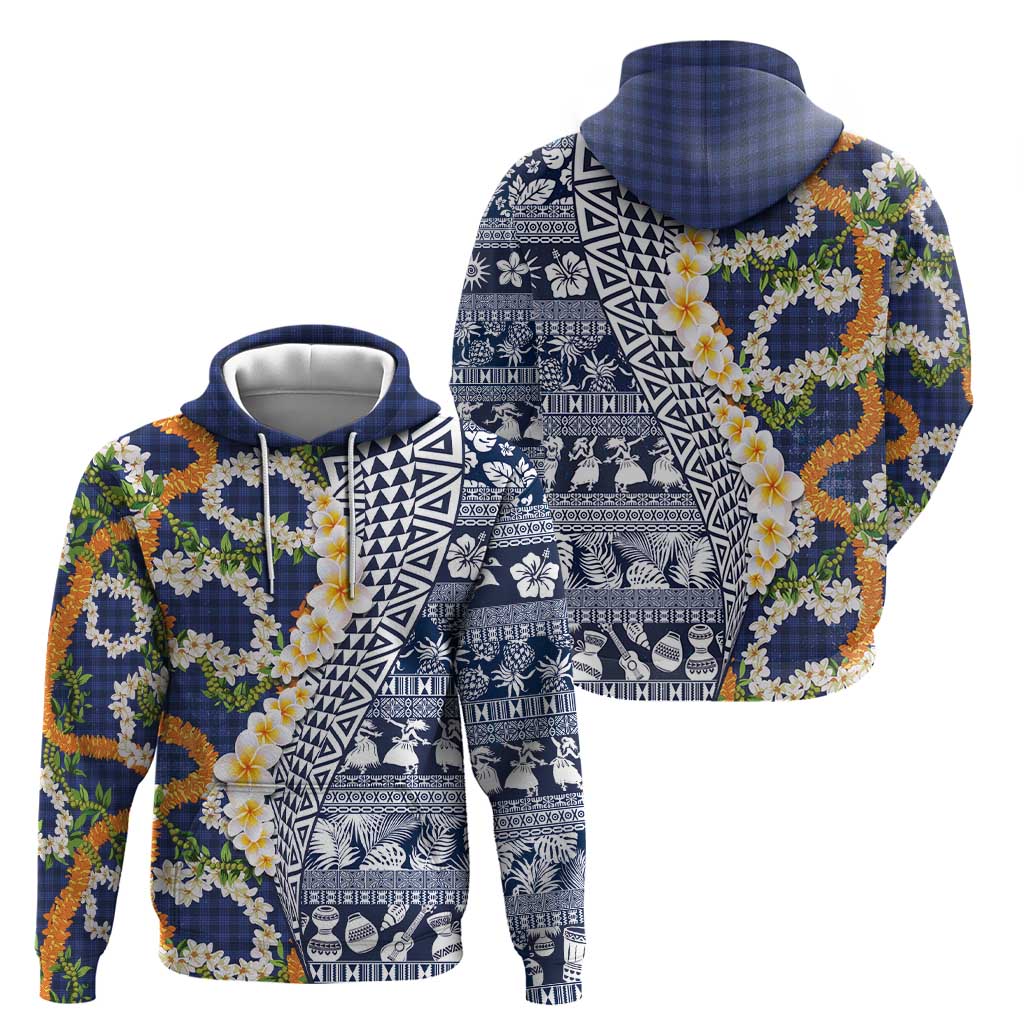 Hawaiian Plumeria Lei Zip Hoodie Kakau Motifs and Palaka Half Style Blue Color LT03 - Polynesian Pride