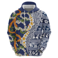 Hawaiian Plumeria Lei Zip Hoodie Kakau Motifs and Palaka Half Style Blue Color LT03 - Polynesian Pride