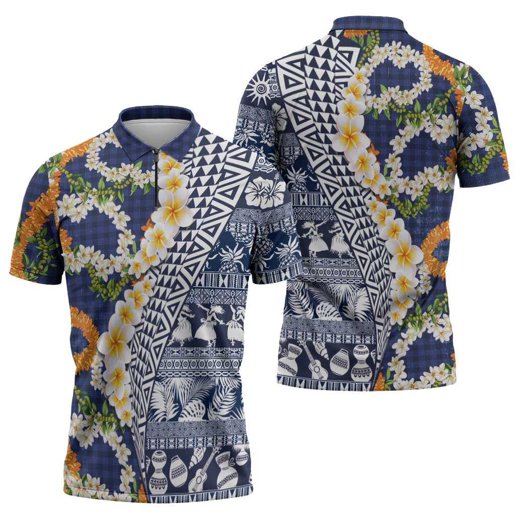 Hawaiian Plumeria Lei Zipper Polo Shirt Kakau Motifs and Palaka Half Style Blue Color LT03 - Polynesian Pride