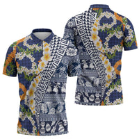 Hawaiian Plumeria Lei Zipper Polo Shirt Kakau Motifs and Palaka Half Style Blue Color LT03 - Polynesian Pride