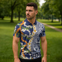 Hawaiian Plumeria Lei Zipper Polo Shirt Kakau Motifs and Palaka Half Style Blue Color LT03 - Polynesian Pride