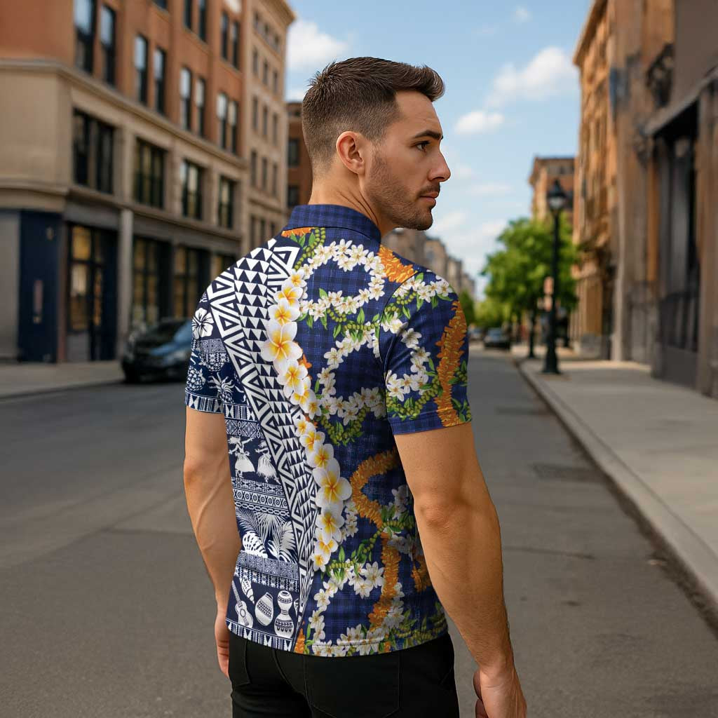 Hawaiian Plumeria Lei Zipper Polo Shirt Kakau Motifs and Palaka Half Style Blue Color LT03 - Polynesian Pride