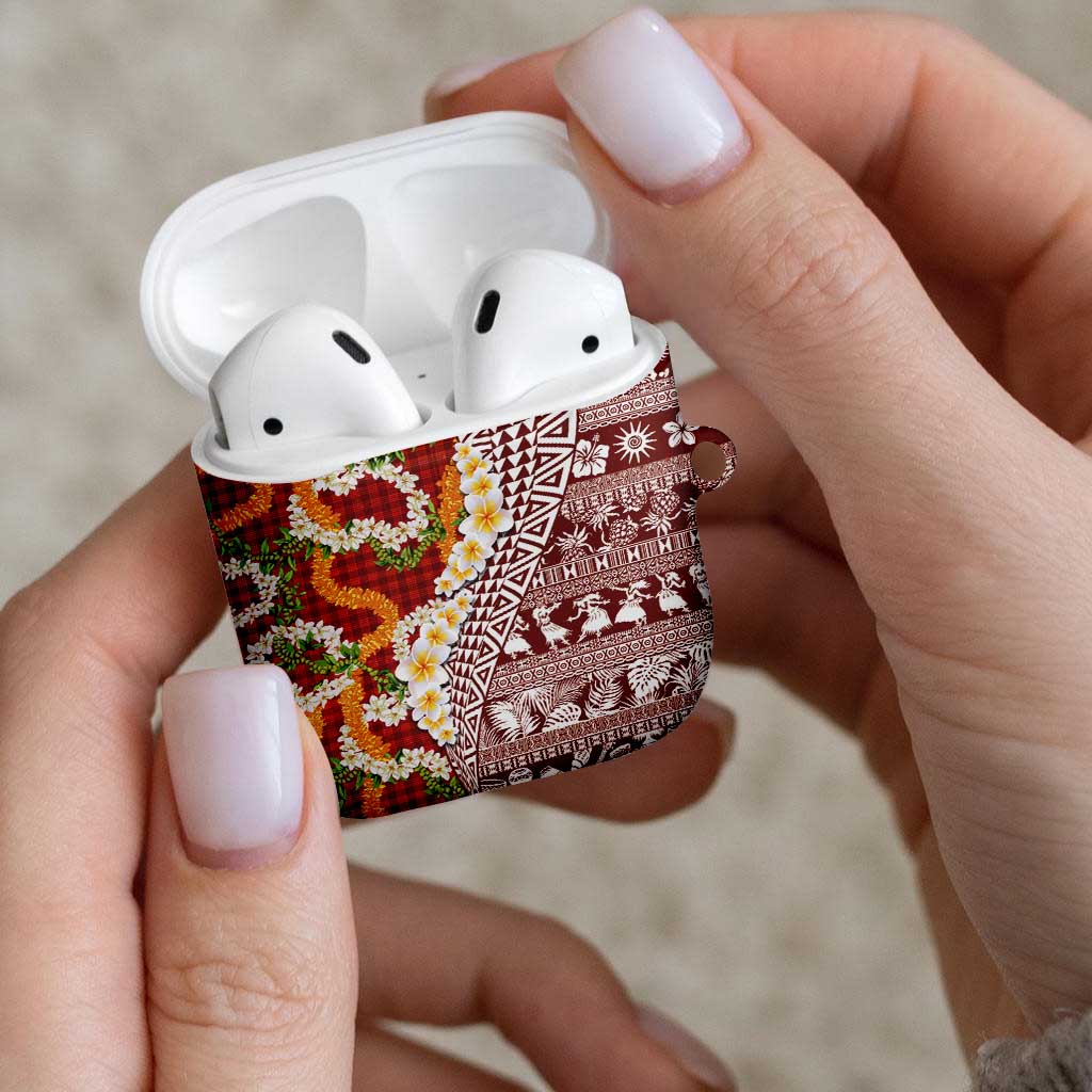 Hawaiian Plumeria Lei AirPods Case Kakau Motifs and Palaka Half Style Red Color LT03 - Polynesian Pride