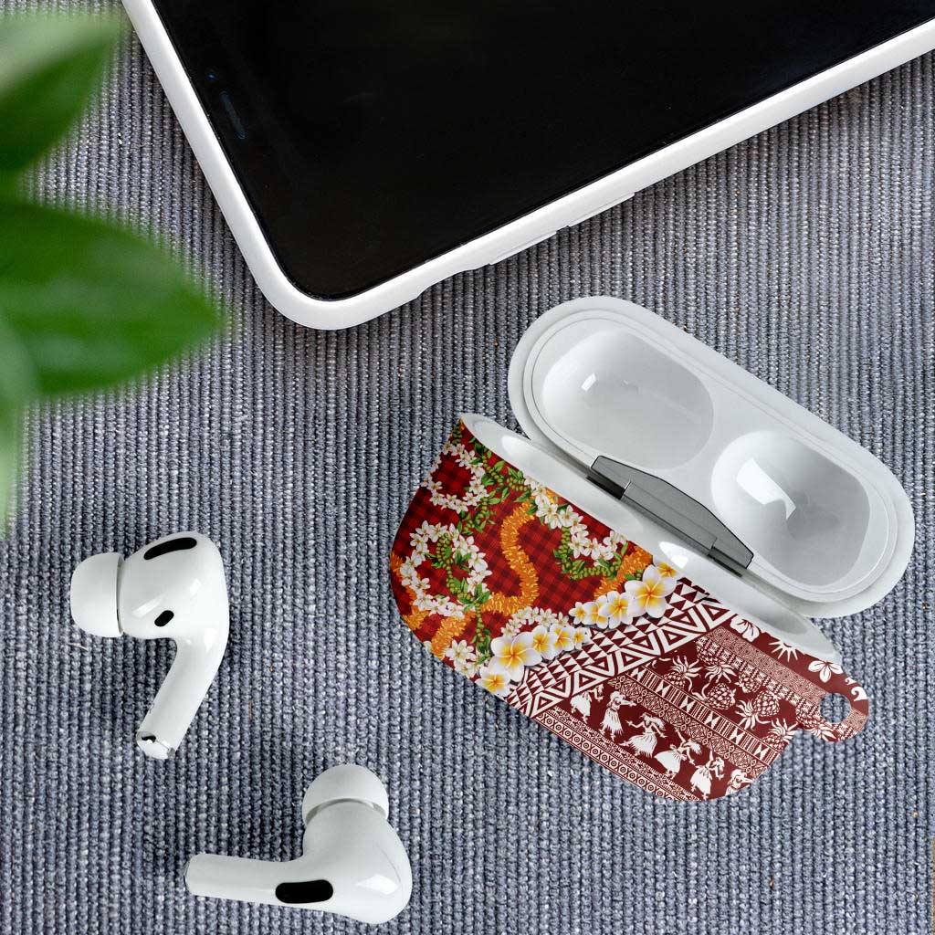Hawaiian Plumeria Lei AirPods Case Kakau Motifs and Palaka Half Style Red Color LT03 - Polynesian Pride
