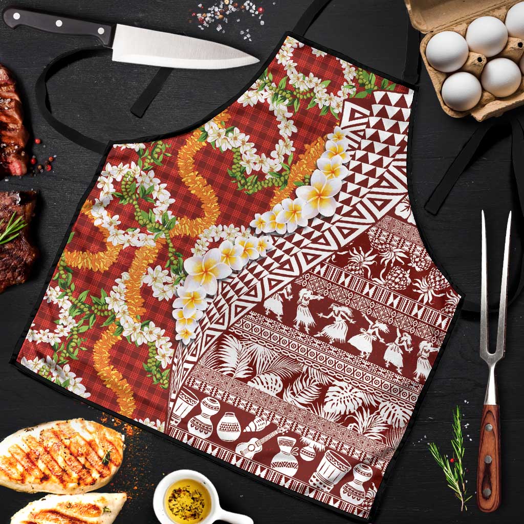 Hawaiian Plumeria Lei Apron Kakau Motifs and Palaka Half Style Red Color - Polynesian Pride