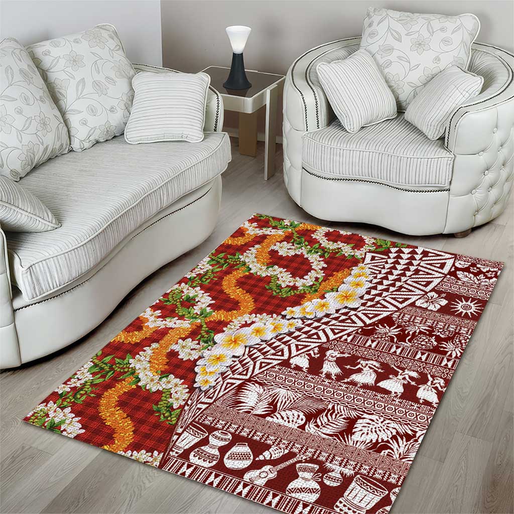 Hawaiian Plumeria Lei Area Rug Kakau Motifs and Palaka Half Style Red Color LT03 - Polynesian Pride