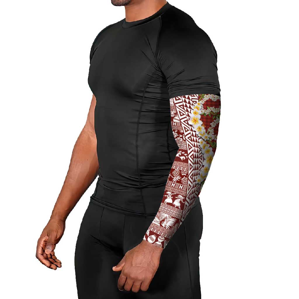Hawaiian Plumeria Lei Arm Sleeves Kakau Motifs and Palaka Half Style Red Color LT03 - Polynesian Pride