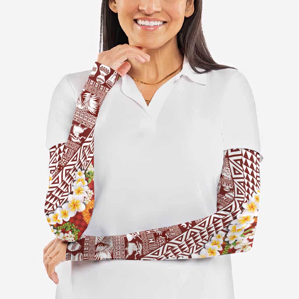 Hawaiian Plumeria Lei Arm Sleeves Kakau Motifs and Palaka Half Style Red Color LT03 - Polynesian Pride