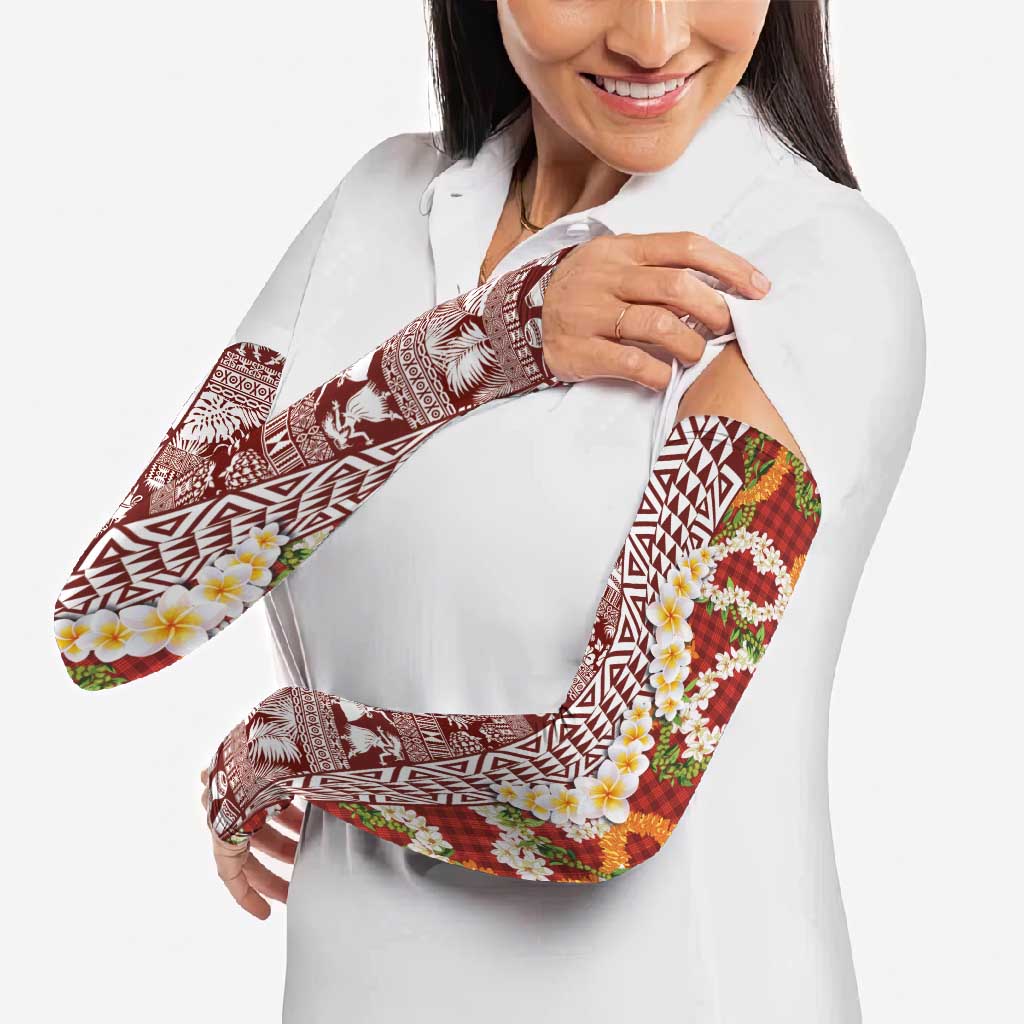 Hawaiian Plumeria Lei Arm Sleeves Kakau Motifs and Palaka Half Style Red Color LT03 - Polynesian Pride