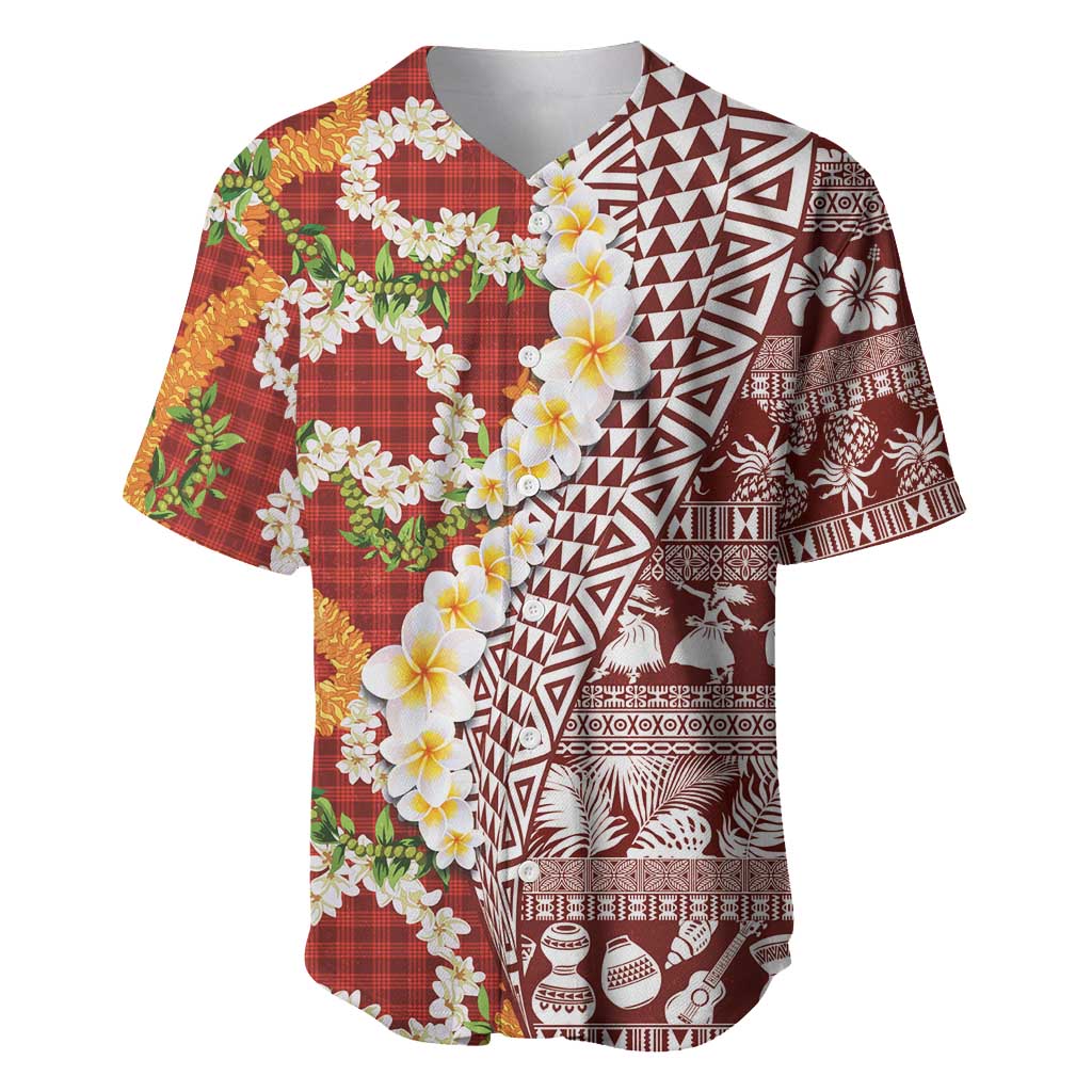 Hawaiian Plumeria Lei Baseball Jersey Kakau Motifs and Palaka Half Style Red Color LT03 Red - Polynesian Pride