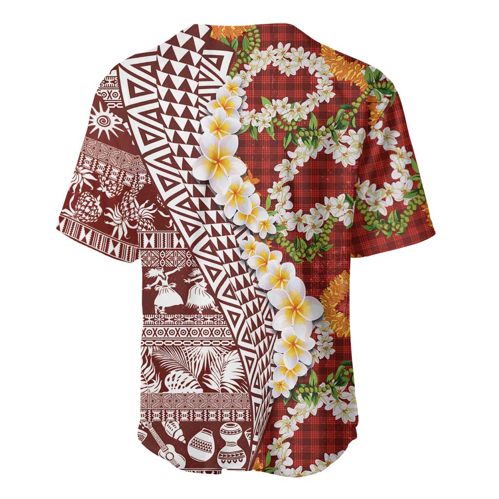 Hawaiian Plumeria Lei Baseball Jersey Kakau Motifs and Palaka Half Style Red Color LT03 - Polynesian Pride