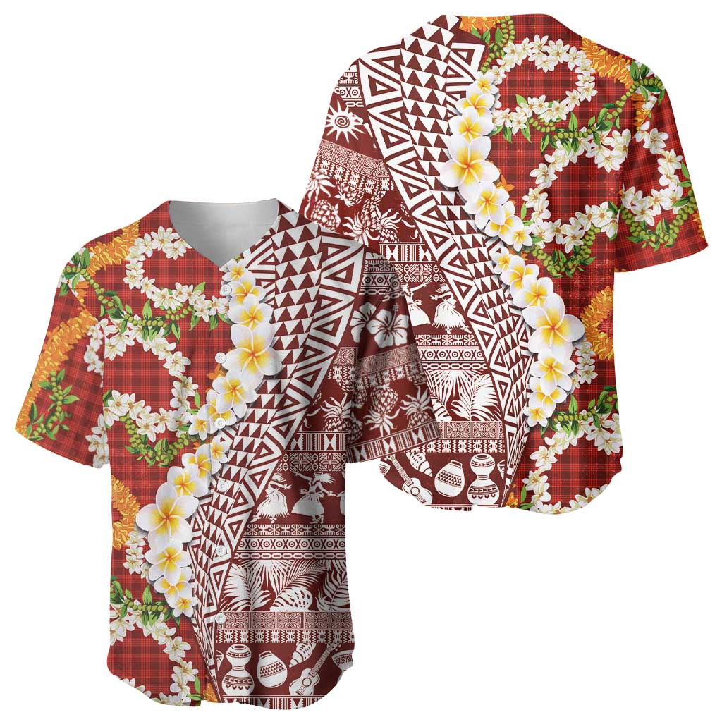 Hawaiian Plumeria Lei Baseball Jersey Kakau Motifs and Palaka Half Style Red Color LT03 - Polynesian Pride