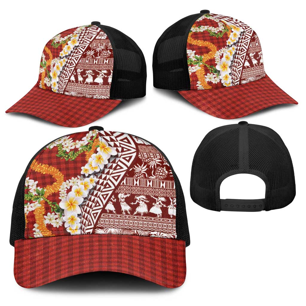 Hawaiian Plumeria Lei Baseball Net Cap Kakau Motifs and Palaka Half Style Red Color - Polynesian Pride