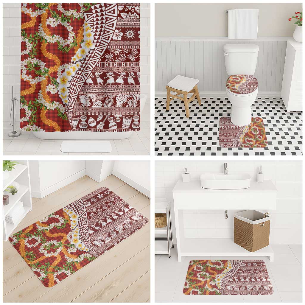 Hawaiian Plumeria Lei Bathroom Set Kakau Motifs and Palaka Half Style Red Color - Polynesian Pride