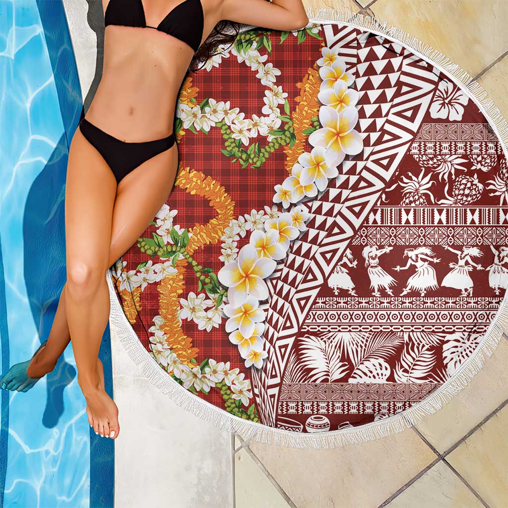 Hawaiian Plumeria Lei Beach Blanket Kakau Motifs and Palaka Half Style Red Color - Polynesian Pride