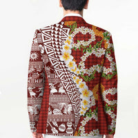 Hawaiian Plumeria Lei Blazer Kakau Motifs and Palaka Half Style Red Color - Polynesian Pride