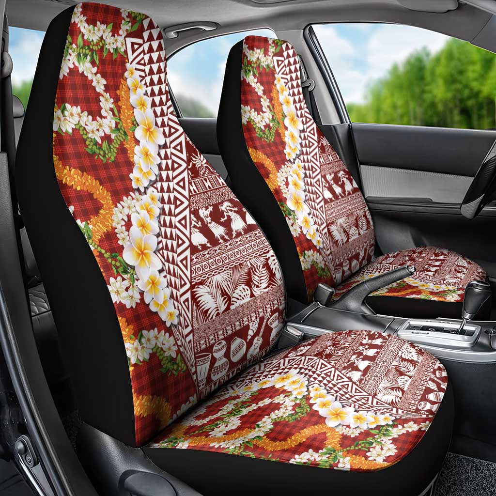 Hawaiian Plumeria Lei Car Seat Cover Kakau Motifs and Palaka Half Style Red Color LT03 - Polynesian Pride