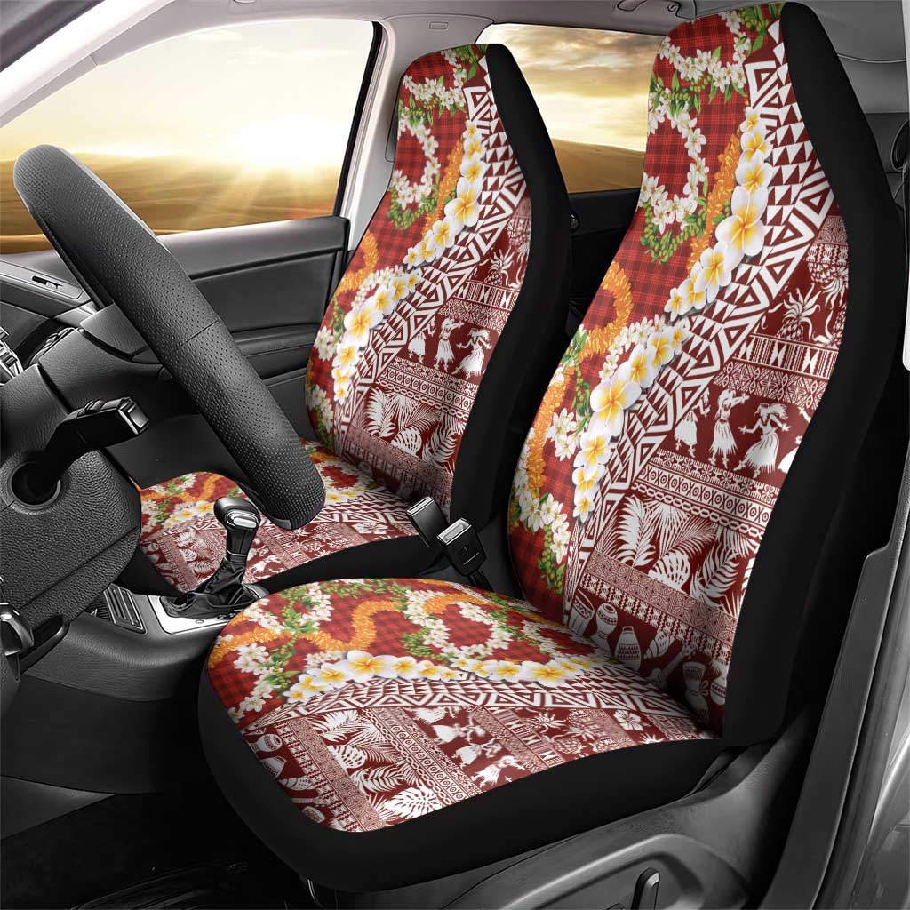 Hawaiian Plumeria Lei Car Seat Cover Kakau Motifs and Palaka Half Style Red Color LT03 - Polynesian Pride