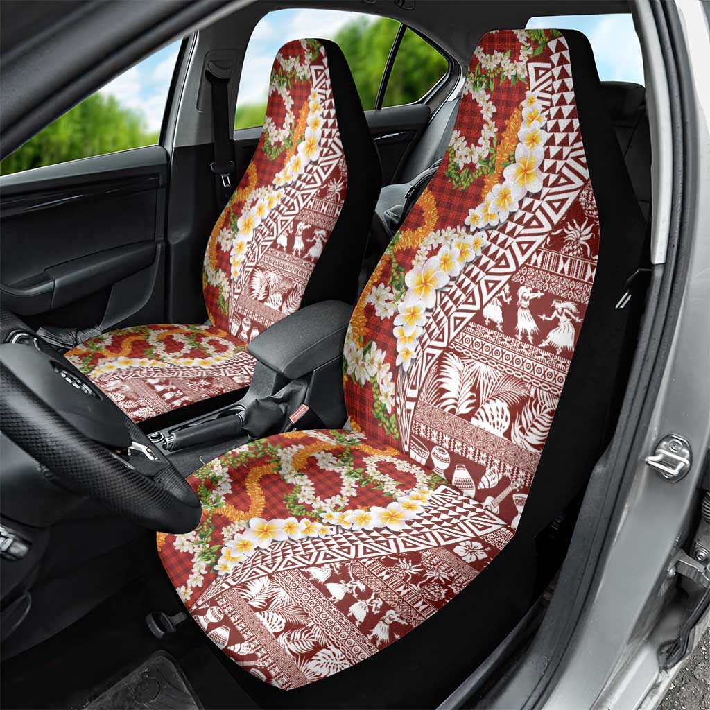 Hawaiian Plumeria Lei Car Seat Cover Kakau Motifs and Palaka Half Style Red Color LT03 - Polynesian Pride