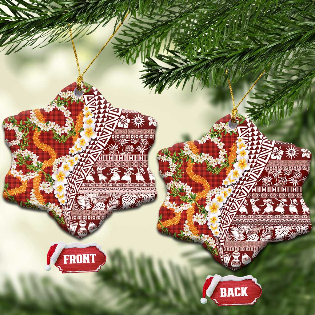 Hawaiian Plumeria Lei Ceramic Ornament Kakau Motifs and Palaka Half Style Red Color - Polynesian Pride