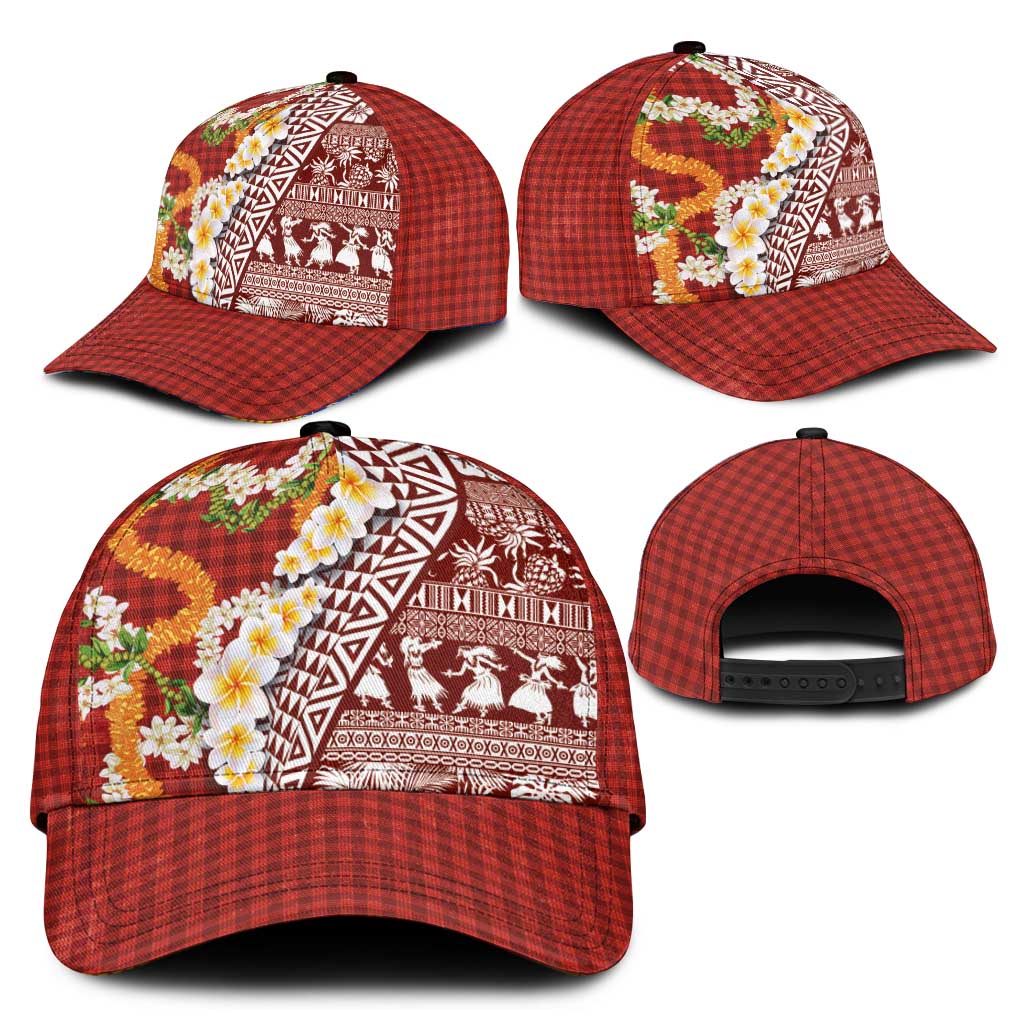 Hawaiian Plumeria Lei Classic Cap Kakau Motifs and Palaka Half Style Red Color - Polynesian Pride