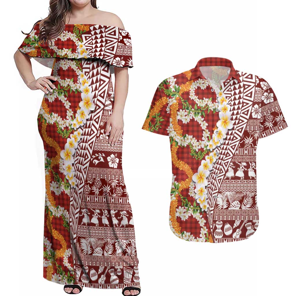 Hawaiian Plumeria Lei Couples Matching Off Shoulder Maxi Dress and Hawaiian Shirt Kakau Motifs and Palaka Half Style Red Color LT03 Red - Polynesian Pride