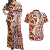 Hawaiian Plumeria Lei Couples Matching Off Shoulder Maxi Dress and Hawaiian Shirt Kakau Motifs and Palaka Half Style Red Color LT03 Red - Polynesian Pride