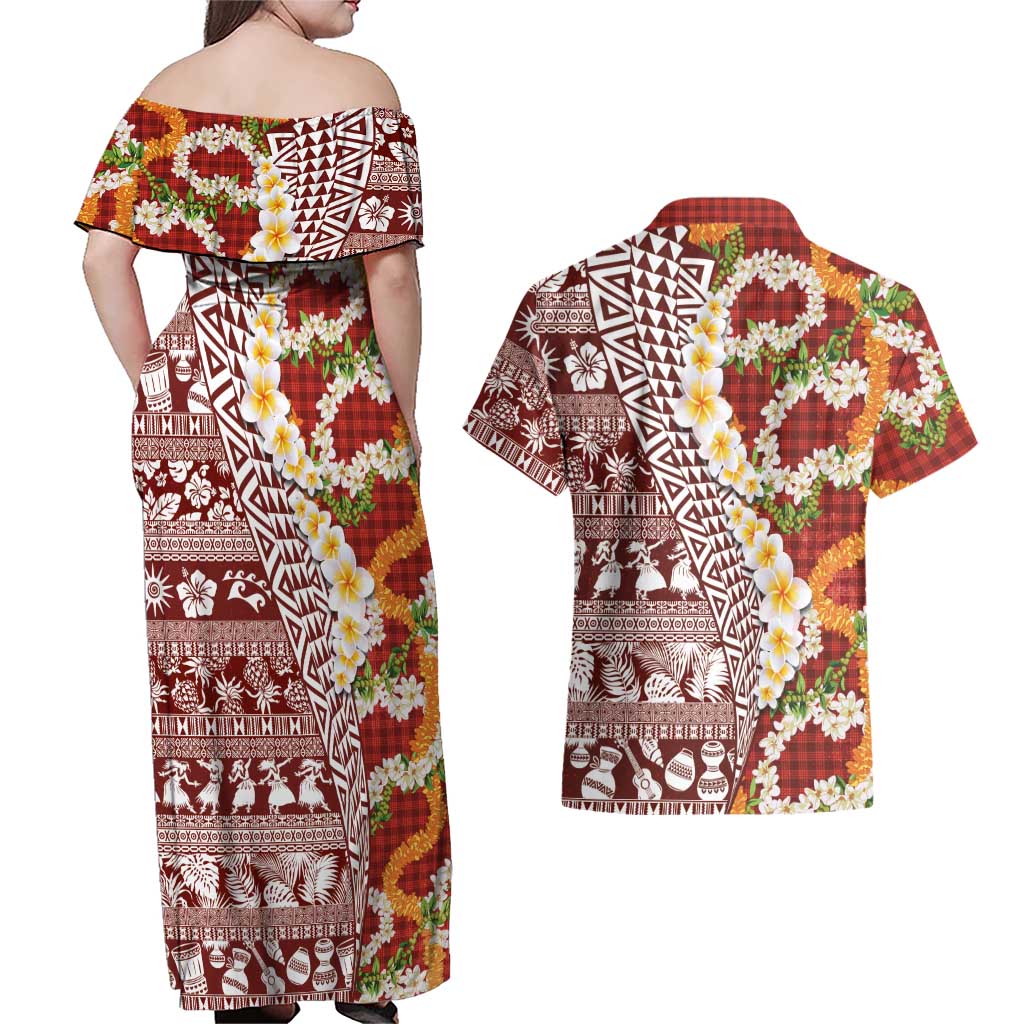 Hawaiian Plumeria Lei Couples Matching Off Shoulder Maxi Dress and Hawaiian Shirt Kakau Motifs and Palaka Half Style Red Color LT03 - Polynesian Pride
