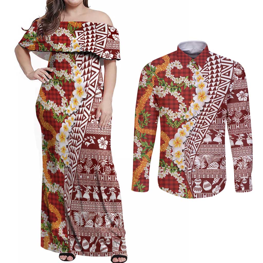 Hawaiian Plumeria Lei Couples Matching Off Shoulder Maxi Dress and Long Sleeve Button Shirt Kakau Motifs and Palaka Half Style Red Color LT03 Red - Polynesian Pride