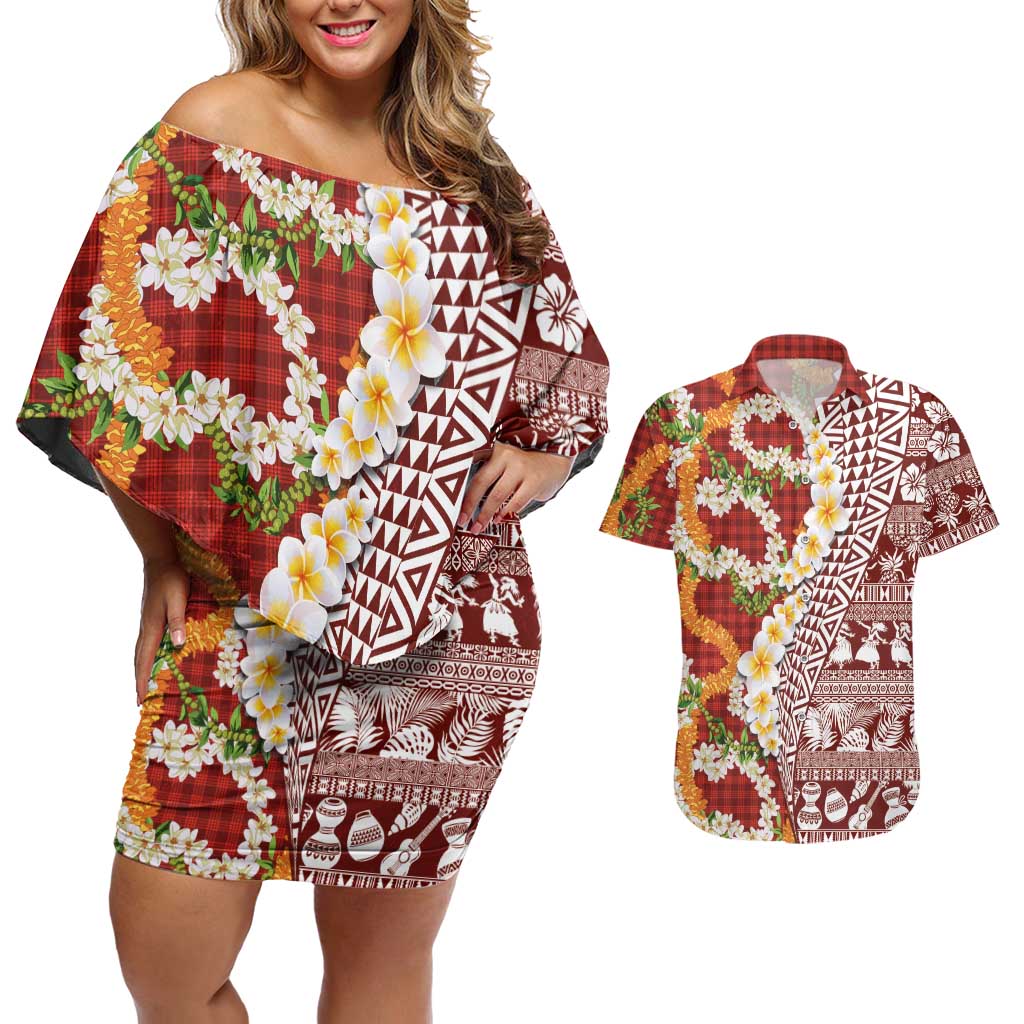 Hawaiian Plumeria Lei Couples Matching Off Shoulder Short Dress and Hawaiian Shirt Kakau Motifs and Palaka Half Style Red Color LT03 Red - Polynesian Pride