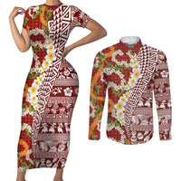 Hawaiian Plumeria Lei Couples Matching Short Sleeve Bodycon Dress and Long Sleeve Button Shirt Kakau Motifs and Palaka Half Style Red Color LT03 Red - Polynesian Pride
