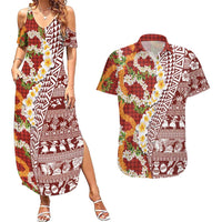 Hawaiian Plumeria Lei Couples Matching Summer Maxi Dress and Hawaiian Shirt Kakau Motifs and Palaka Half Style Red Color LT03 Red - Polynesian Pride